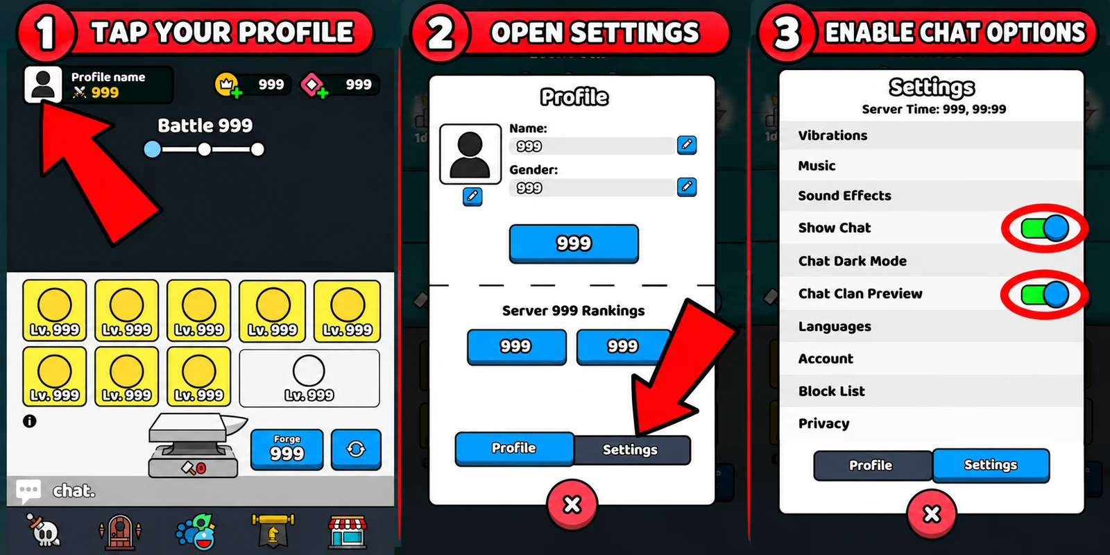 How to enable chat: tap your profile, open settings, enable chat options