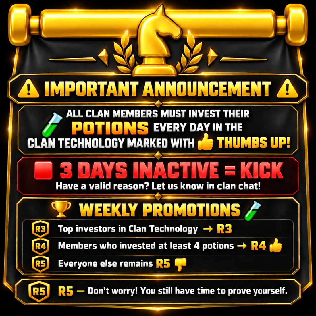 Important announcement: potions, 3 days inactive = kick, weekly promotions